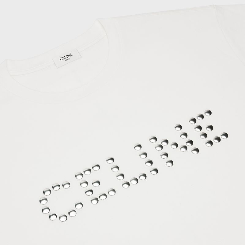 White/ Silver Celine LOOSE IN COTTON JERSEY WITH STUDS T-shirts | CL-592140