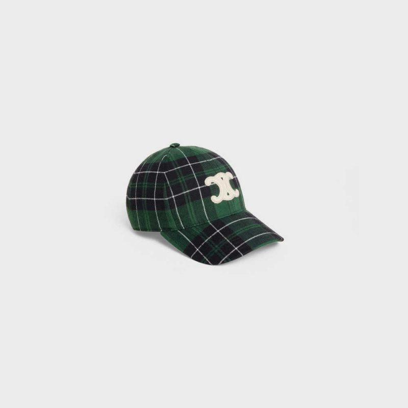 green / black Celine TRIOMPHE BASEBALL IN CHECKED FLANNEL Cap | CL-592359